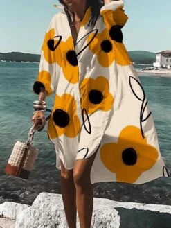 Women's Shirt Dress Casual Dress A Line Dress Midi Dress Winter Dress Daily Holiday Polyester Vacation Stylish Shirt Collar High Low Dress Print Long Sleeve Summer Spring Fall 2022 Loose Fit White -Cheap Plus Fit Dress Store jvrsmb1661741105833