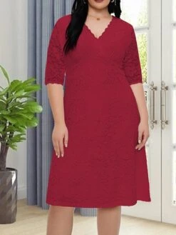 Women‘s Plus Size Curve Party Dress Lace Dress White Dress Solid Color Midi Dress Half Sleeve Lace V Neck Fashion Party White Red Summer Spring XL XXL 3XL 4XL 5XL -Cheap Plus Fit Dress Store jvuvjf1681204553854