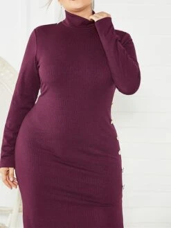 Women's Plus Size Curve Casual Dress Sweater Dress Sheath Dress Plain Midi Dress Long Sleeve Button Split Stand Collar Fashion Daily Black Wine Fall Winter XL XXL 3XL 4XL 5XL -Cheap Plus Fit Dress Store jwdvdv1694151464791