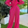 Women's Jumpsuit Criss Cross Solid Color V Neck Streetwear Street Daily Regular Fit Long Sleeve Fuchsia Green S M L Fall