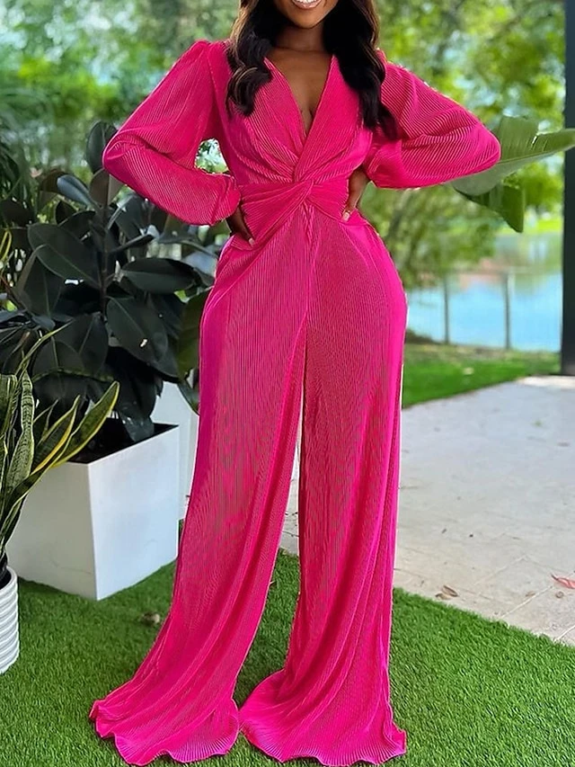 Women's Jumpsuit Criss Cross Solid Color V Neck Streetwear Street Daily Regular Fit Long Sleeve Fuchsia Green S M L Fall 1 Women's Jumpsuit Criss Cross Solid Color V Neck Streetwear Street Daily Regular Fit Long Sleeve Fuchsia Green S M L Fall