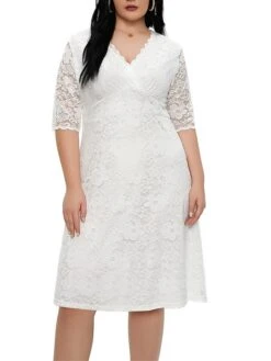 Women‘s Plus Size Curve Party Dress Lace Dress White Dress Solid Color Midi Dress Half Sleeve Lace V Neck Fashion Party White Red Summer Spring XL XXL 3XL 4XL 5XL -Cheap Plus Fit Dress Store jwvyzc1681204545737