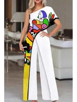 Women's Jumpsuit For Special Occasions Print One Shoulder Elegant Party Prom Regular Fit Half Sleeve S M L SummerFall -Cheap Plus Fit Dress Store jwwrjm1680253439054
