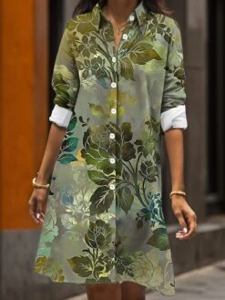 Women's Shirt Dress Casual Dress Midi Dress Outdoor Daily Date Polyester Fashion Modern Shirt Collar Button Pocket Long Sleeve Fall Winter 2023 Loose Fit ArmyGreen Rusty Red Lavender Floral S M L XL -Cheap Plus Fit Dress Store jxezhw1695208436990
