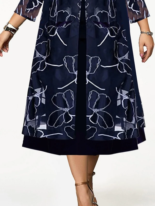 Women's Plus Size Two Piece Dress Set Casual Dress Chiffon Dress Outdoor Daily Fashion Elegant Print Midi Dress Crew Neck 3/4 Length Sleeve Floral Regular Fit Navy Blue Fall Winter L XL XXL 3XL 4XL 4 Women's Plus Size Two Piece Dress Set Casual Dress Chiffon Dress Outdoor Daily Fashion Elegant Print Midi Dress Crew Neck 3/4 Length Sleeve Floral Regular Fit Navy Blue Fall Winter L XL XXL 3XL 4XL - Image 4