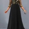 Women's Plus Size Curve Party Dress Lace Dress Swing Dress Floral Long Dress Maxi Dress 3/4 Length Sleeve Lace Patchwork V Neck Fashion Party Black Fall Winter L XL XXL 3XL 4XL