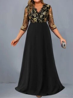 Women's Plus Size Curve Party Dress Lace Dress Swing Dress Floral Long Dress Maxi Dress 3/4 Length Sleeve Lace Patchwork V Neck Fashion Party Black Fall Winter L XL XXL 3XL 4XL