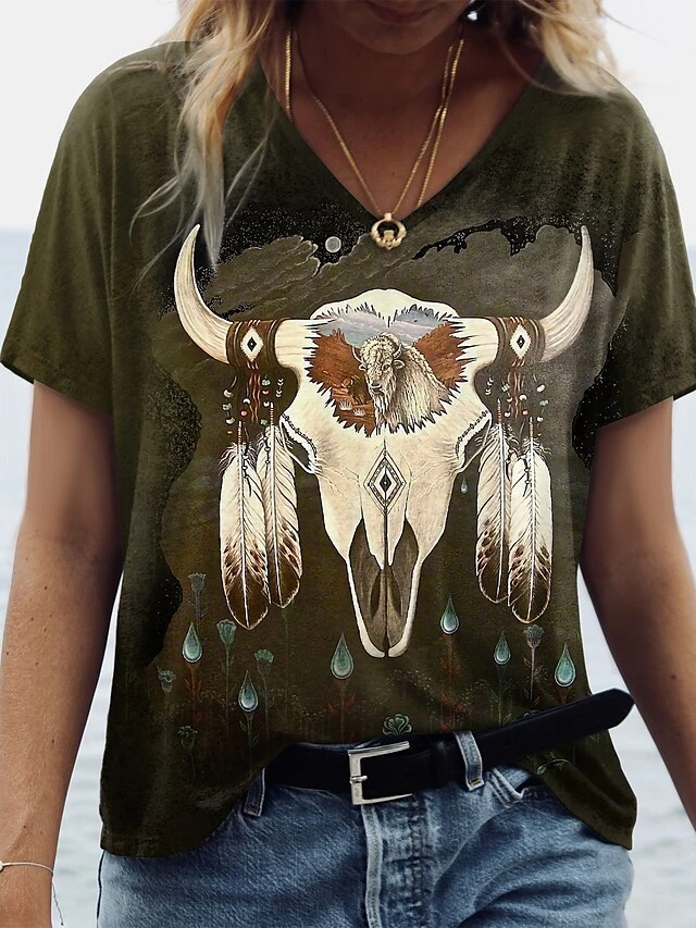 Women's T Shirt Tee White Army Green Blue Geometric Vintage Cow Print Short Sleeve Casual Weekend Vintage Basic Ethnic V Neck Regular Fit Geometric Painting 4 Women's T Shirt Tee White Army Green Blue Geometric Vintage Cow Print Short Sleeve Casual Weekend Vintage Basic Ethnic V Neck Regular Fit Geometric Painting - Image 4