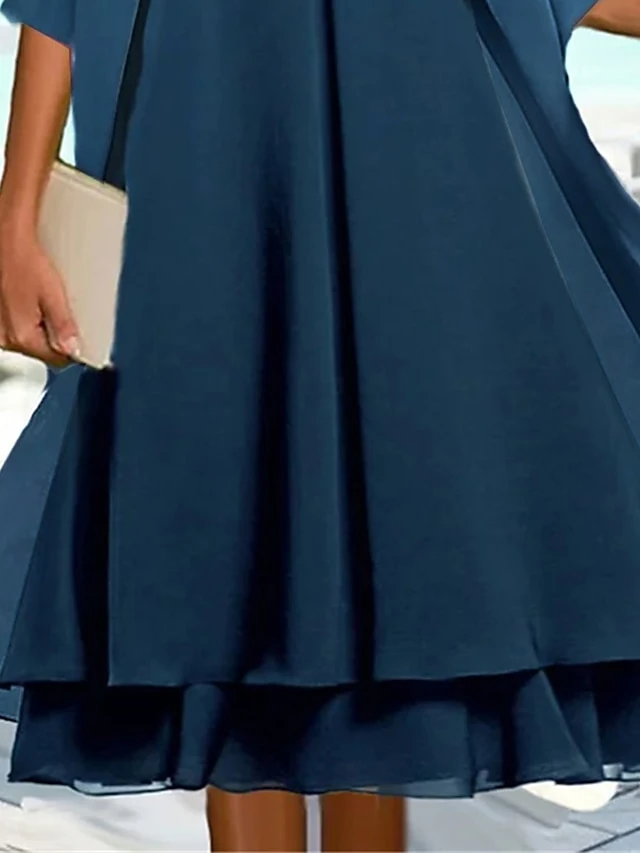 Women's Two Piece Dress Set Casual Dress Chiffon Dress Outdoor Daily Fashion Elegant Layered Midi Dress Crew Neck 3/4 Length Sleeve Plain Regular Fit Navy Blue Fall Winter S M L XL XXL 3 Women's Two Piece Dress Set Casual Dress Chiffon Dress Outdoor Daily Fashion Elegant Layered Midi Dress Crew Neck 3/4 Length Sleeve Plain Regular Fit Navy Blue Fall Winter S M L XL XXL - Image 3