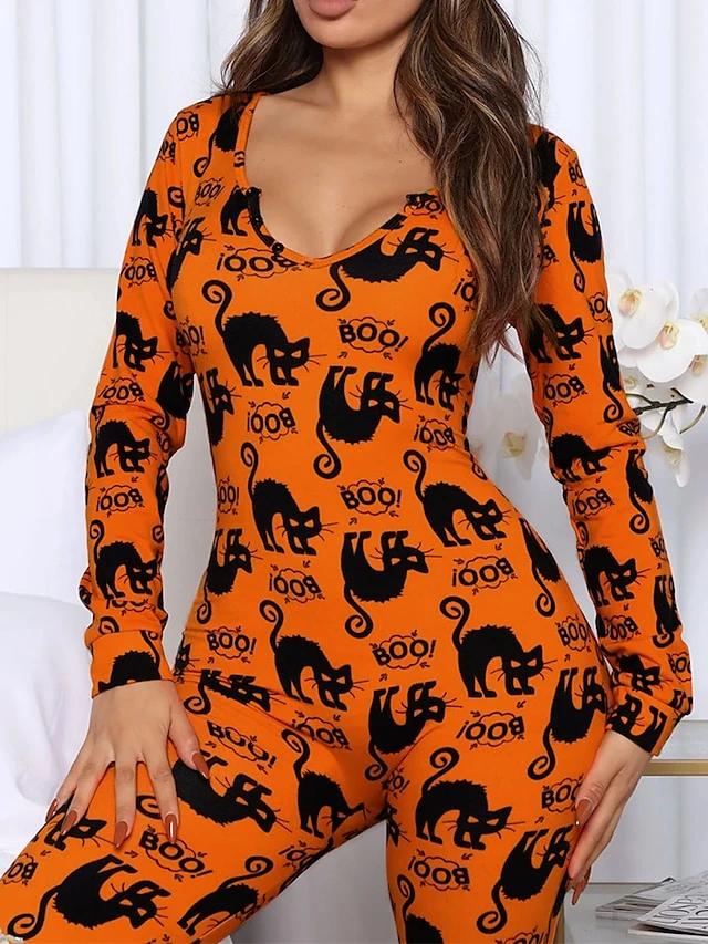 Women's Jumpsuit Halloween Pumpkin High Waist Print Animal V Neck Active Sport Daily Regular Fit Long Sleeve Black White Yellow S M L Summer 5 Women's Jumpsuit Halloween Pumpkin High Waist Print Animal V Neck Active Sport Daily Regular Fit Long Sleeve Black White Yellow S M L Summer - Image 5