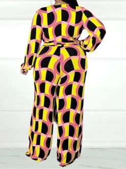 Women's Jumpsuit High Waist Print Geometric V Neck Casual Street Daily Regular Fit Long Sleeve Black Yellow Wine XL XXL 3XL Spring -Cheap Plus Fit Dress Store kaaejg1675747236564