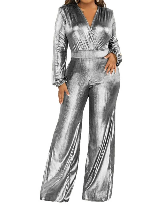 Women's Jumpsuit High Waist Maillard Sequin Solid Color V Neck Elegant Party Bar Regular Fit Long Sleeve Green Black Silver S M L Winter Cold Weather 3 Women's Jumpsuit High Waist Maillard Sequin Solid Color V Neck Elegant Party Bar Regular Fit Long Sleeve Green Black Silver S M L Winter Cold Weather - Image 3