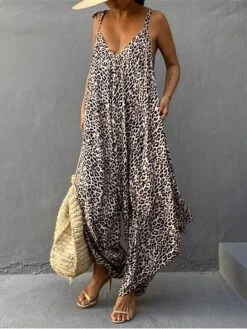 One Piece Jumpsuits For Women Pocket Print Leopard V Neck Streetwear Street Daily Regular Fit Sleeveless Black Blue Khaki S M L Summer