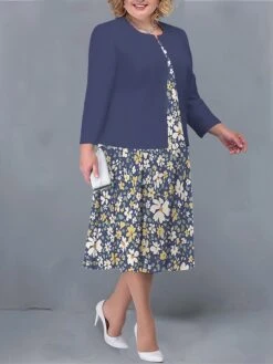 Women's Plus Size Curve Two Piece Dress Set Casual Dress Print Dress Outdoor Office Fashion Streetwear Print Midi Dress Crew Neck Long Sleeve Floral White Yellow Navy Blue Fall Winter L XL XXL -Cheap Plus Fit Dress Store karifh1692945580722
