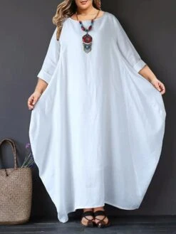 Women‘s Plus Size Curve Casual Dress Linen Dress White Dress Solid Color Long Dress Maxi Dress Long Sleeve Pocket Crew Neck Basic Daily White Red Summer Spring L XL XXL 3XL 4XL -Cheap Plus Fit Dress Store kavphe1677553105571