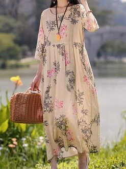 Women's Casual Dress Cotton Linen Dress Swing Dress Midi Dress Linen / Cotton Blend Sweet Style Modern Outdoor Daily Holiday Crew Neck Print 3/4 Length Sleeve Fall Winter Autumn 2023 Loose Fit Yellow -Cheap Plus Fit Dress Store kbazgp1693553160538