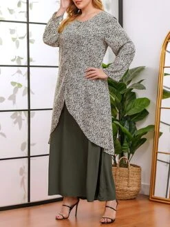 Women's Plus Size Curve Casual Dress A Line Dress Floral Dress Solid Color Floral Long Dress Maxi Dress Long Sleeve Fake Two Piece Crew Neck Fashion Party Green Fall Winter XL XXL 3XL 4XL -Cheap Plus Fit Dress Store kbblvn1695018766495