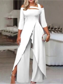 Women's Jumpsuit Solid Color Off Shoulder Elegant Business OL Work Straight Regular Fit 3/4 Length Sleeve WhiteSummer