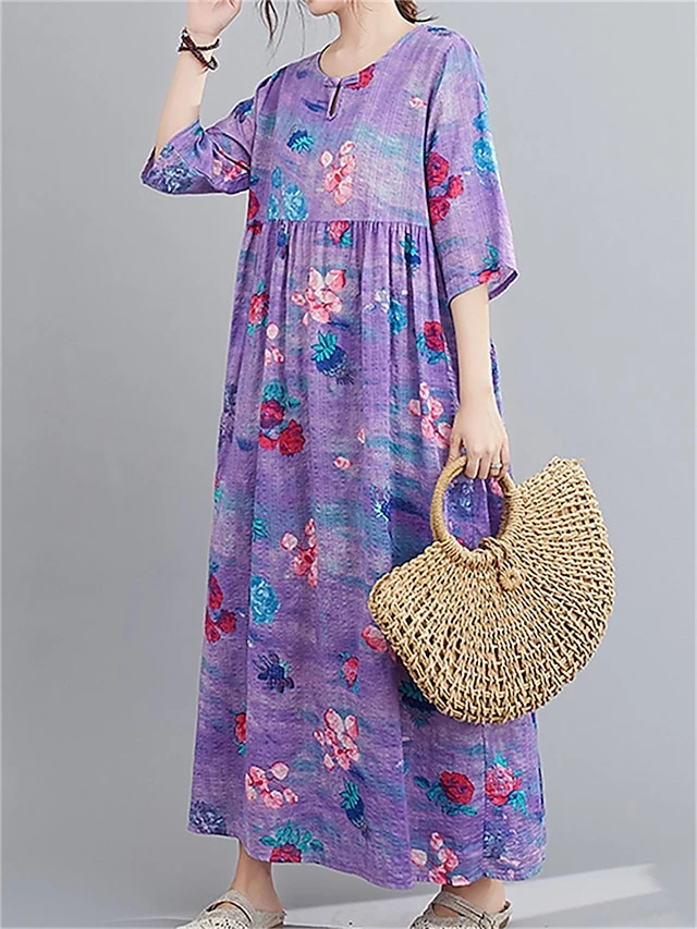 Women's Casual Dress Cotton Linen Dress Swing Dress Midi Dress Linen / Cotton Blend Sweet Style Modern Outdoor Daily Holiday Crew Neck Print 3/4 Length Sleeve Fall Winter Autumn 2023 Loose Fit Light 8 Women's Casual Dress Cotton Linen Dress Swing Dress Midi Dress Linen / Cotton Blend Sweet Style Modern Outdoor Daily Holiday Crew Neck Print 3/4 Length Sleeve Fall Winter Autumn 2023 Loose Fit Light - Image 8