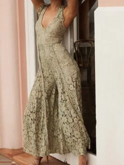 Women's Jumpsuit Lace Ruffle Solid Color V Neck Party Wedding Dressy Street Daily Wide Leg Regular Fit Sleeveless Apricot XS S M Summer -Cheap Plus Fit Dress Store kbnkuj1690449250459