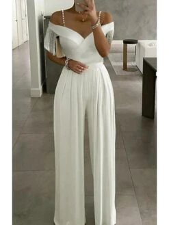 Women's Jumpsuit Print Solid Color Cold Shoulder Ordinary Daily Weekend Straight Regular Fit Short Sleeve White S M L Spring