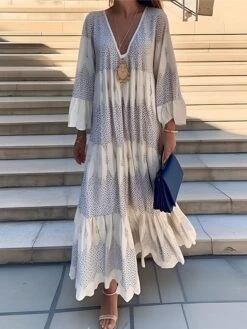 Women's Casual Dress Cotton Linen Dress Swing Dress Maxi Long Dress Polyester Fashion Modern Outdoor Daily Vacation V Neck Print 3/4 Length Sleeve Summer Spring Fall 2023 Loose Fit White Blue