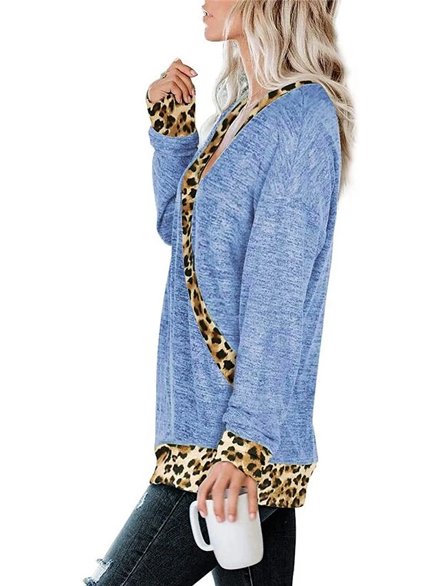 Women's T Shirt Tee Black Blue Purple Leopard Print Long Sleeve Daily Weekend Basic V Neck Regular Fit Painting Spring &Fall 3 Women's T Shirt Tee Black Blue Purple Leopard Print Long Sleeve Daily Weekend Basic V Neck Regular Fit Painting Spring &Fall - Image 3