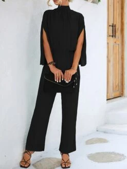 Black Jumpsuit For Women Split High Waist Solid Color Stand Collar Streetwear Daily Vacation Regular Fit 3/4 Length Sleeve Black Green S M L SummerFall Cold Weather -Cheap Plus Fit Dress Store kbyvoq1675826704559