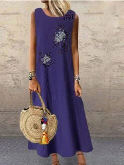 Women's Casual Dress Cotton Dress A Line Dress Maxi Long Dress Cotton Blend Basic Modern Outdoor Daily Vacation Crew Neck Print Sleeveless Summer Spring 2023 Loose Fit Blue Green Gray Flower M L XL -Cheap Plus Fit Dress Store kctmth1683796903652