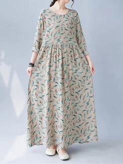 Women's Casual Dress Linen Dress Swing Dress Maxi Long Dress Linen Fashion Modern Outdoor Daily Holiday Crew Neck Print Long Sleeve Fall Winter Autumn 2023 Loose Fit Apricot Flower L XL 2XL -Cheap Plus Fit Dress Store kcvjbz1693553162529