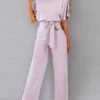 Hot Sale Fabric Upgrade!! One Piece Jumpsuits For Women Belted Long Wide Leg Pant Party Romper Jumpsuits Casual Loose Short Sleeve Playsuits With Belts