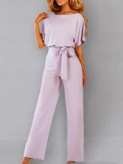 Hot Sale Fabric Upgrade!! One Piece Jumpsuits For Women Belted Long Wide Leg Pant Party Romper Jumpsuits Casual Loose Short Sleeve Playsuits With Belts