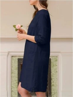 Women's Casual Dress Cotton Linen Dress A Line Dress Midi Dress Cotton Blend Basic Casual Outdoor Daily V Neck Pocket 3/4 Length Sleeve Summer Spring Fall 2023 Loose Fit ArmyGreen Navy Blue Orange -Cheap Plus Fit Dress Store kczngu1675929175145