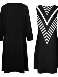 Women's Dress Set Two Piece Dress Long Dress Maxi Dress Black And White Stripes Long Sleeve Color Block Print Winter Fall Crew Neck Vacation Winter Dress Weekend Fall Dress Loose Fit 2023 S M L XL -Cheap Plus Fit Dress Store kdefwt1663574604901