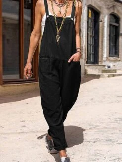 Jumpsuits For Women Summer Utility Overall Patch Pocket Trug Life Solid Color Square Neck Streetwear Daily Vacation Regular Fit Sleeveless Black White Green S M L -Cheap Plus Fit Dress Store kdldod1680576892707