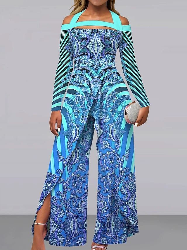 Women‘s Jumpsuit Floral Print Striped Off Shoulder Active Wedding Party Wide Leg Regular Fit Long Sleeve Purple Fuchsia Light Blue S M L All Seasons 2 Women‘s Jumpsuit Floral Print Striped Off Shoulder Active Wedding Party Wide Leg Regular Fit Long Sleeve Purple Fuchsia Light Blue S M L All Seasons - Image 2