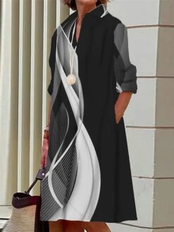 Women's Shirt Dress Casual Dress Midi Dress Outdoor Office Daily Polyester Fashion Modern Shirt Collar Button Pocket Long Sleeve Summer Spring Fall 2023 Loose Fit Black White Yellow Ombre S M L XL 2XL