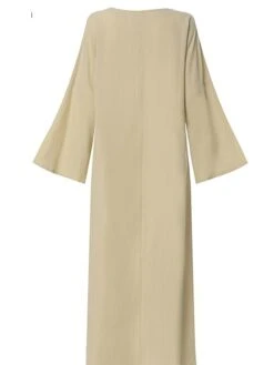 Women's Casual Dress Cotton Linen Dress White Dress Maxi Long Dress Cotton Blend Basic Casual Outdoor Daily Crew Neck Split Long Sleeve Spring Fall Autumn 2023 Loose Fit White Khaki Pure Color S M L -Cheap Plus Fit Dress Store kdrmyn1673599043195