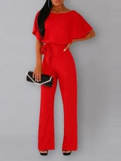 Hot Sale Fabric Upgrade!! One Piece Jumpsuits For Women Belted Long Wide Leg Pant Party Romper Jumpsuits Casual Loose Short Sleeve Playsuits With Belts -Cheap Plus Fit Dress Store keal1588127600510