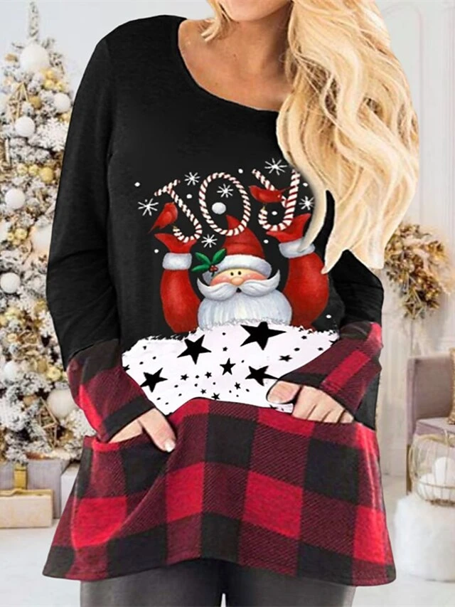Women's Plus Size Christmas T Shirt Dress Tee Dress Plaid Crew Neck Print Long Sleeve Spring Fall Casual Mini Dress Daily Dress 1 Women's Plus Size Christmas T Shirt Dress Tee Dress Plaid Crew Neck Print Long Sleeve Spring Fall Casual Mini Dress Daily Dress