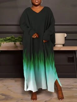 Women's Plus Size Curve Casual Dress Sweatshirt Dress Winter Dress Floral Gradient Long Dress Maxi Dress Long Sleeve Split Print V Neck Fashion Outdoor Pink Blue Fall Winter L XL XXL 3XL 4XL -Cheap Plus Fit Dress Store keuwvx1693386776013