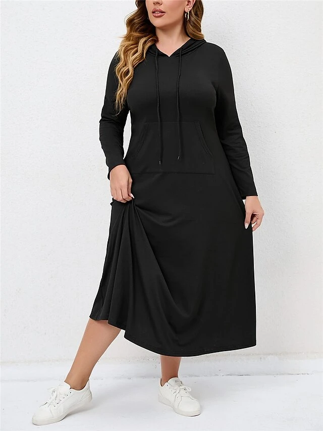 Women's Plus Size Curve Casual Dress Hoodie Dress Black Dress Solid Color Long Dress Maxi Dress Long Sleeve Hooded Fashion Outdoor Black Fall Winter L XL XXL 3XL 4XL 3 Women's Plus Size Curve Casual Dress Hoodie Dress Black Dress Solid Color Long Dress Maxi Dress Long Sleeve Hooded Fashion Outdoor Black Fall Winter L XL XXL 3XL 4XL - Image 3