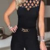 Black Jumpsuit For Women Sexy Romper Cut Out Solid Color Stand Collar Streetwear Party Cocktail Party Regular Fit Sleeveless S M L Summer