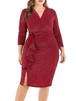 Women‘s Plus Size Curve Work Dress Sheath Dress Semi Formal Dress Fashion Midi Dress Ruffle V Neck Long Sleeve Plain Regular Fit Black Wine Fall Winter XL XXL 3XL 4XL 5XL -Cheap Plus Fit Dress Store kftovx1691401476403