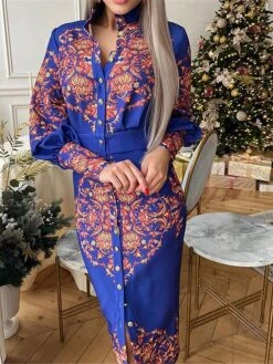 Women's Shirt Dress Casual Dress Bodycon Midi Dress Outdoor Office Daily Polyester Fashion Romantic Stand Collar Button Print Long Sleeve Summer Spring Fall 2023 Slim Blue Khaki Floral S M L XL 2XL -Cheap Plus Fit Dress Store kgbjek1689227622416