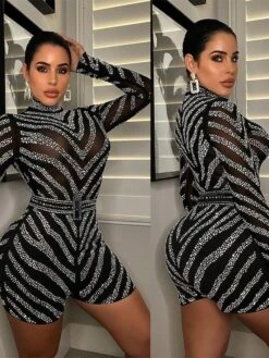 Women's Romper Mesh Beaded Solid Color Stand Collar Active Street Going Out Regular Fit Long Sleeve Black S M L Fall