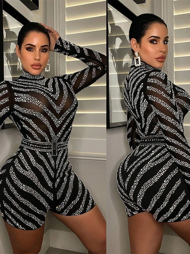 Women's Romper Mesh Beaded Solid Color Stand Collar Active Street Going Out Regular Fit Long Sleeve Black S M L Fall 1 Women's Romper Mesh Beaded Solid Color Stand Collar Active Street Going Out Regular Fit Long Sleeve Black S M L Fall