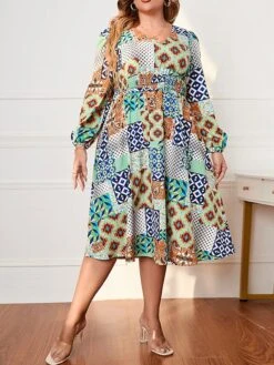 Women's Plus Size Curve Party Dress Wedding Guest Dress Tunic Dress Midi Dress Blue Long Sleeve Geometric Print Spring Fall Winter V Neck Fashion Evening Party Wedding Guest XL XXL 3XL 4XL -Cheap Plus Fit Dress Store kgewnk1692942602038