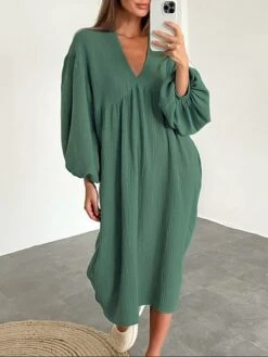 Women's Casual Dress Cotton Dress Loose Dress Midi Dress Linen / Cotton Blend Basic Classic Outdoor Daily Vacation V Neck Basic Long Sleeve Summer Spring Fall 2023 Loose Fit White Pink Blue Plain S M -Cheap Plus Fit Dress Store kgiuzw1690872877662