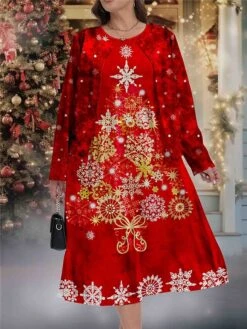 Women's Christmas Plus Size Curve Casual Dress Dress Set Two Piece Dress Snowflake Midi Dress Long Sleeve Print Crew Neck Fashion Outdoor Wine Fall Winter L XL XXL 3XL 4XL